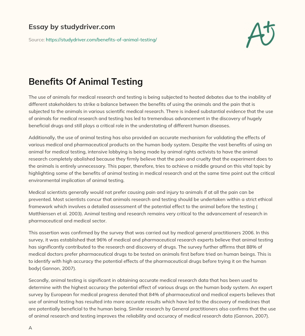 Benefits Of Animal Testing - Free Essay Example - 875 Words |  