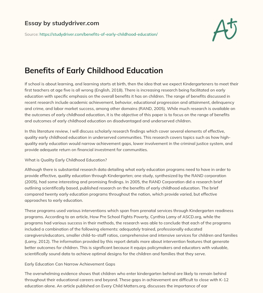Benefits of Early Childhood Education essay