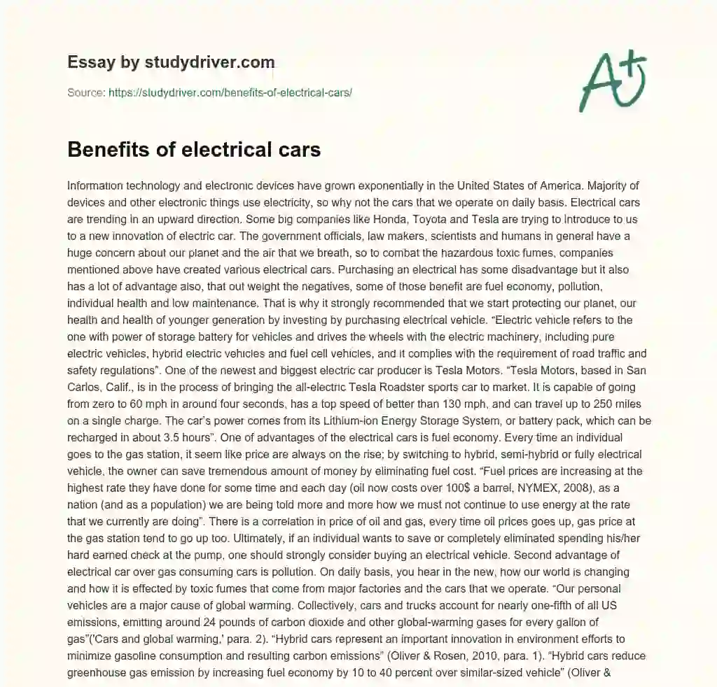 Benefits of Electrical Cars essay