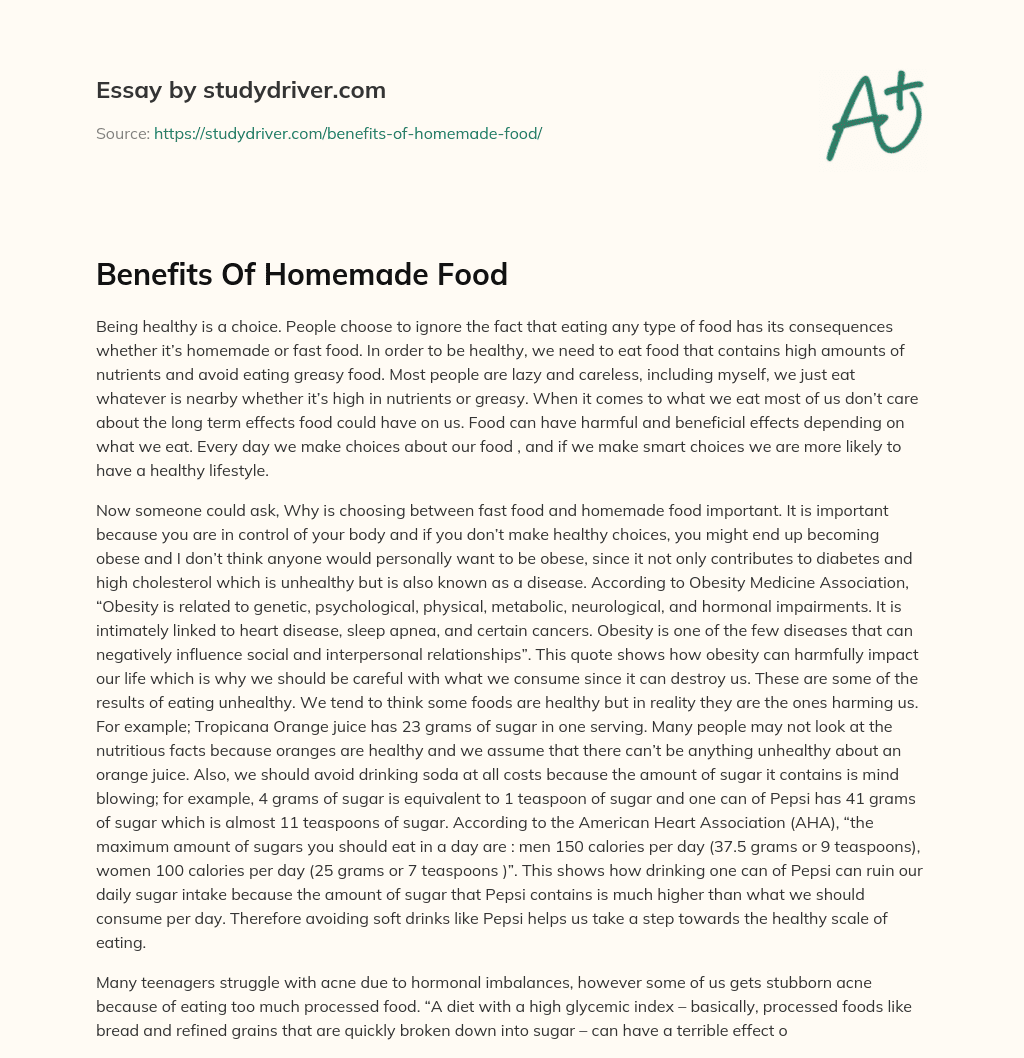 Benefits of Homemade Food essay