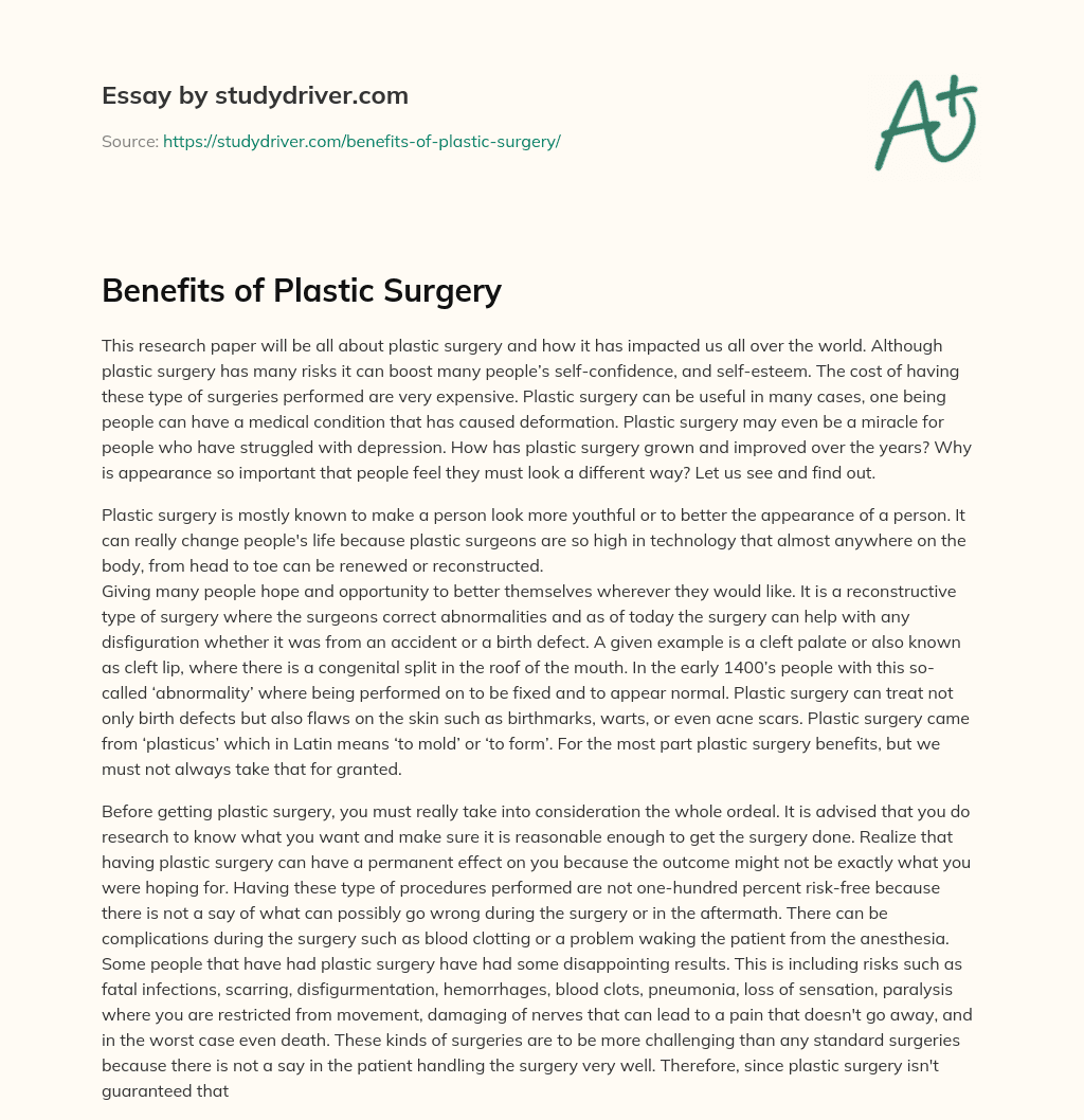 Benefits of Plastic Surgery essay