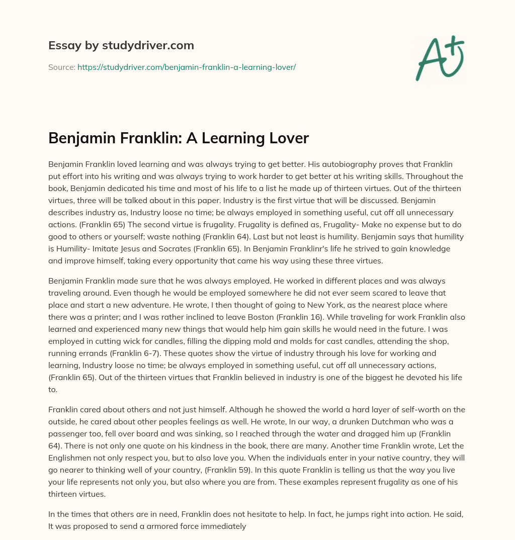 Benjamin Franklin: a Learning Lover essay