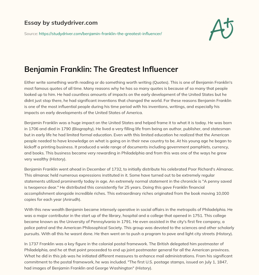 Benjamin Franklin: the Greatest Influencer essay
