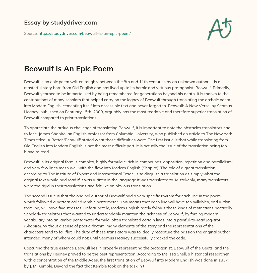 Beowulf is an Epic Poem essay