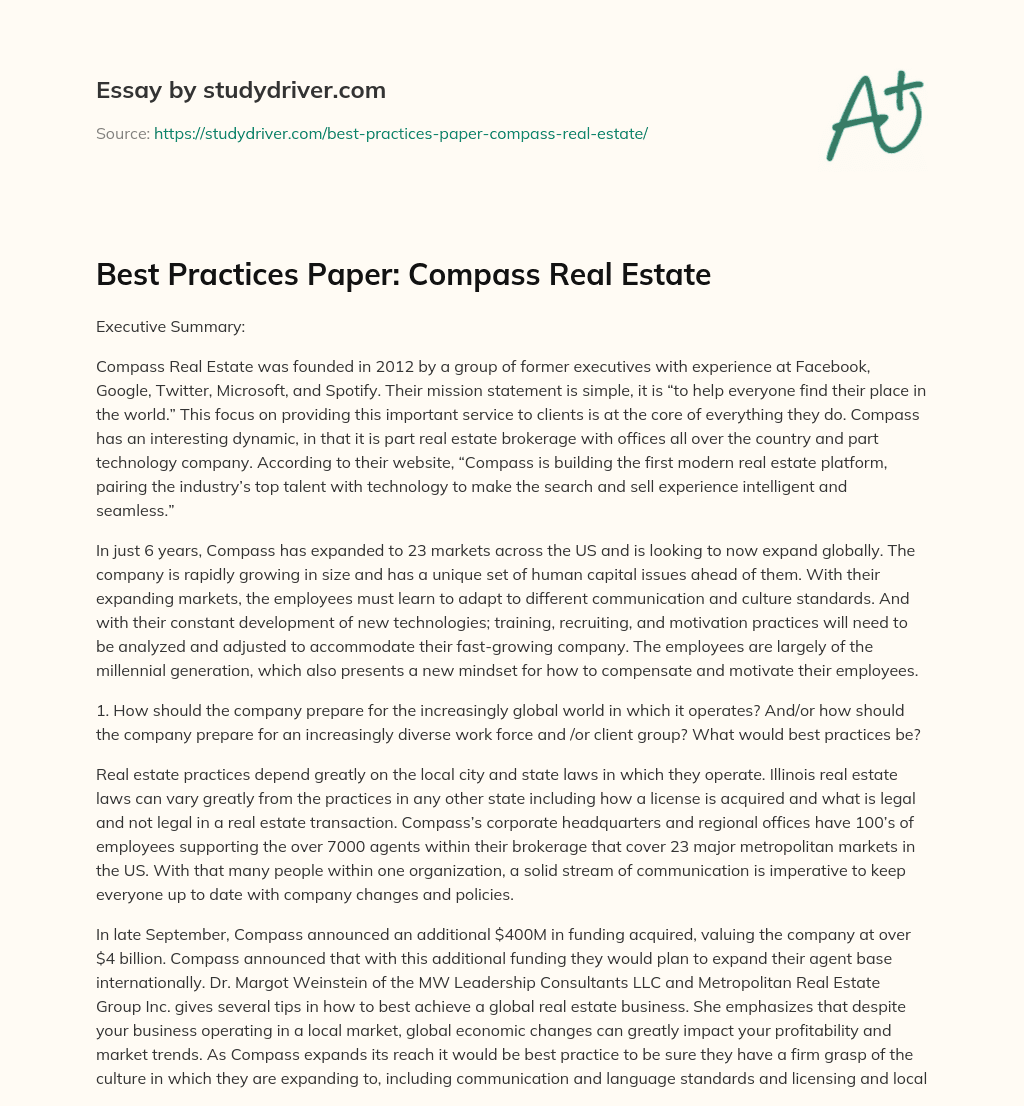 Best Practices Paper: Compass Real Estate essay