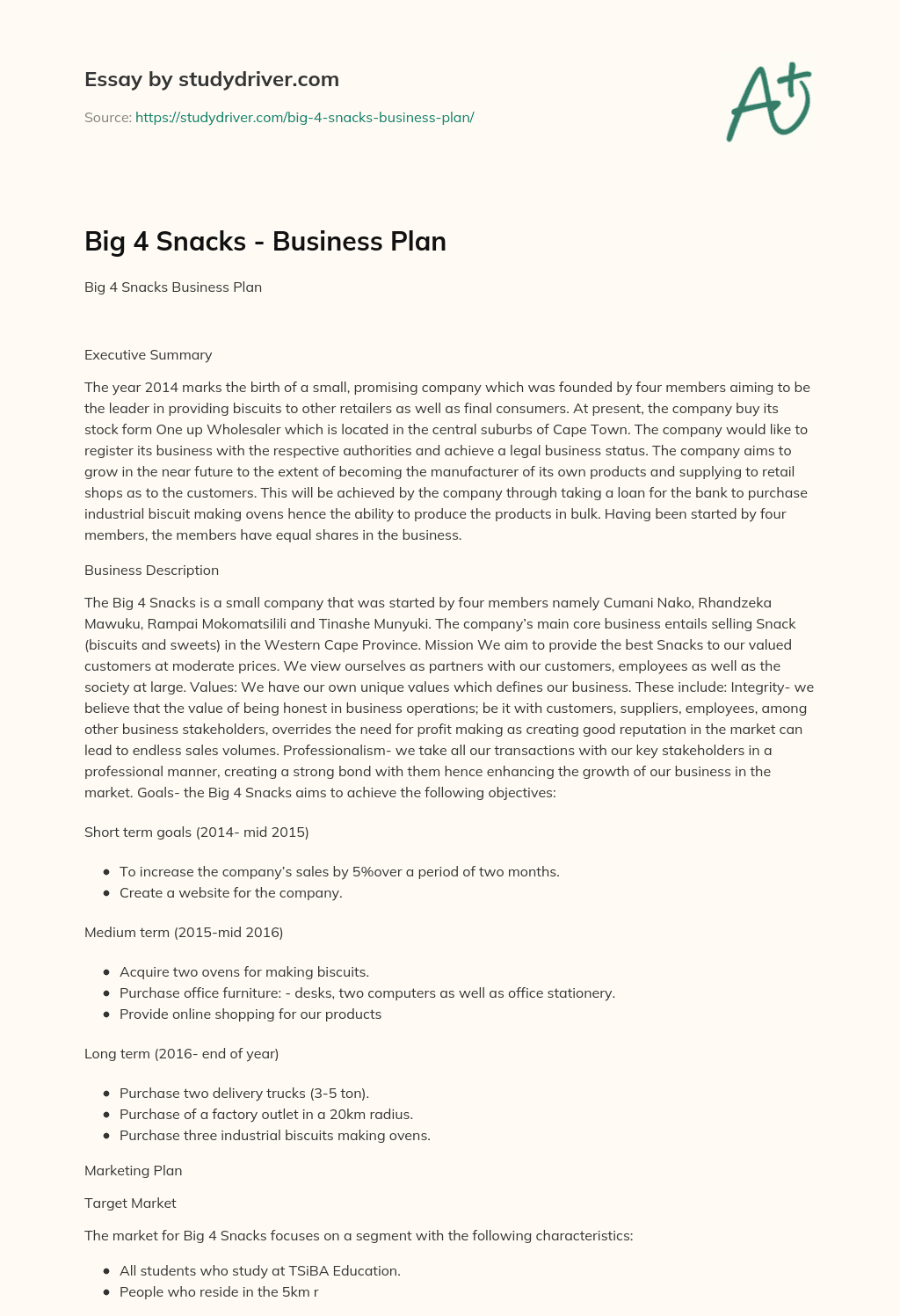 Big 4 Snacks – Business Plan essay