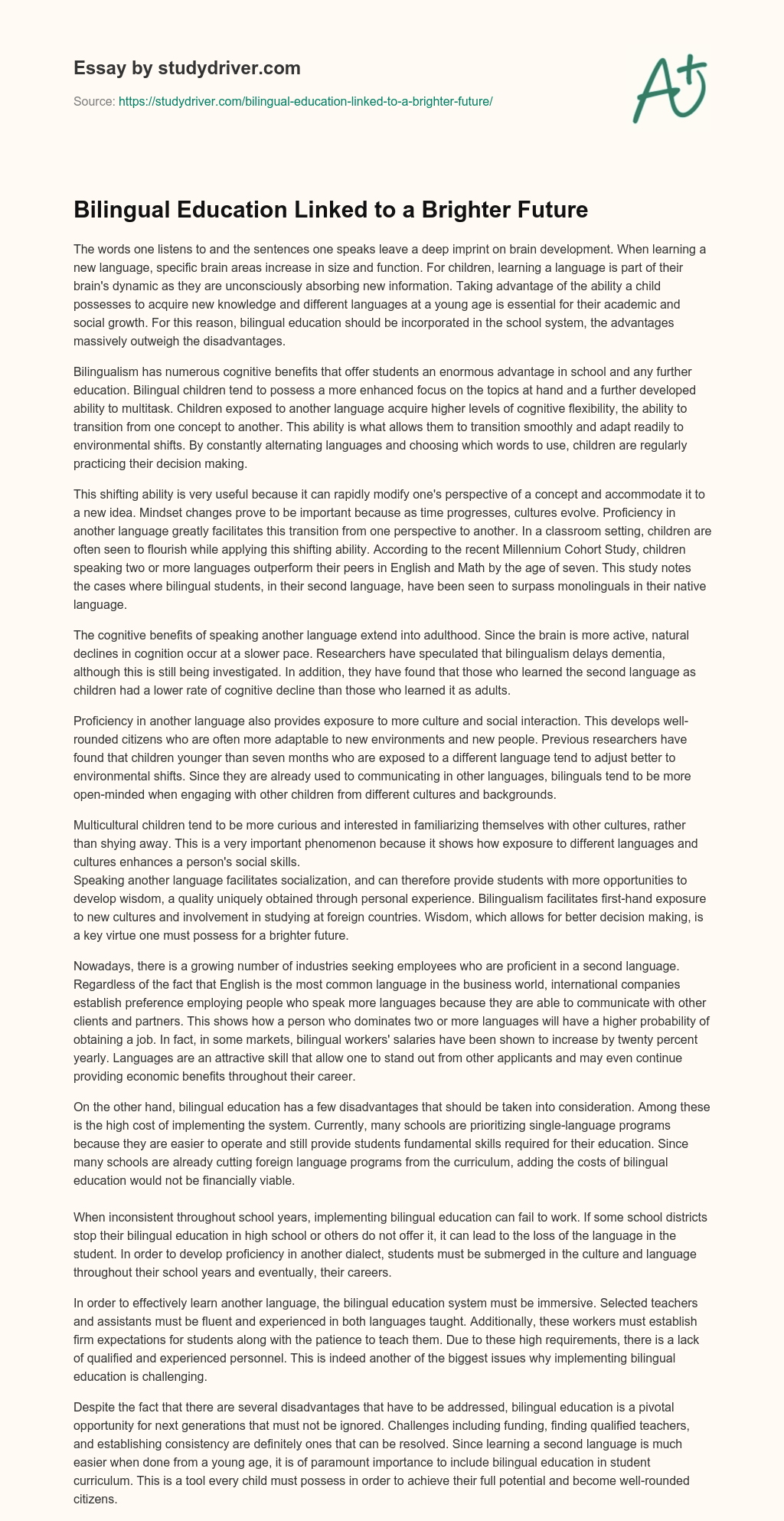 Bilingual Education Linked to a Brighter Future essay