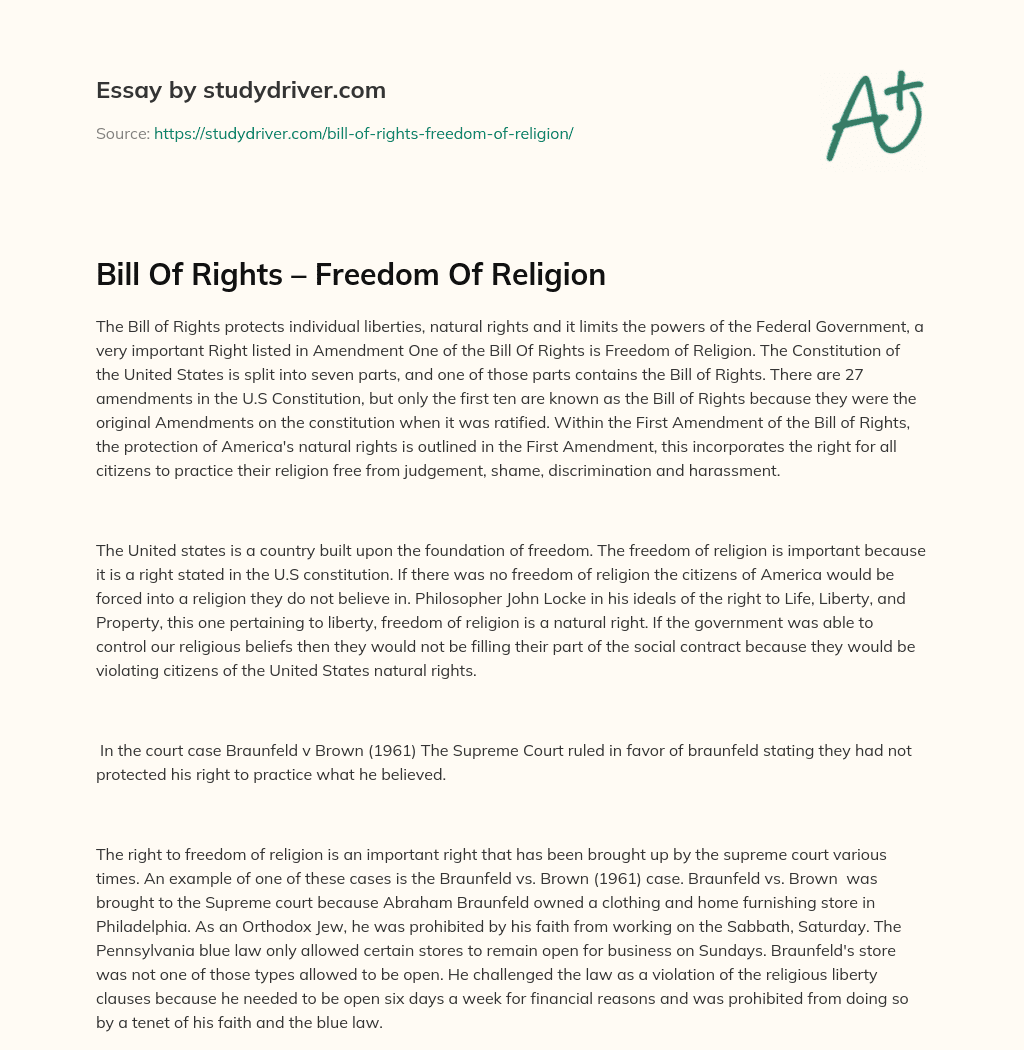 Bill of Rights – Freedom of Religion essay