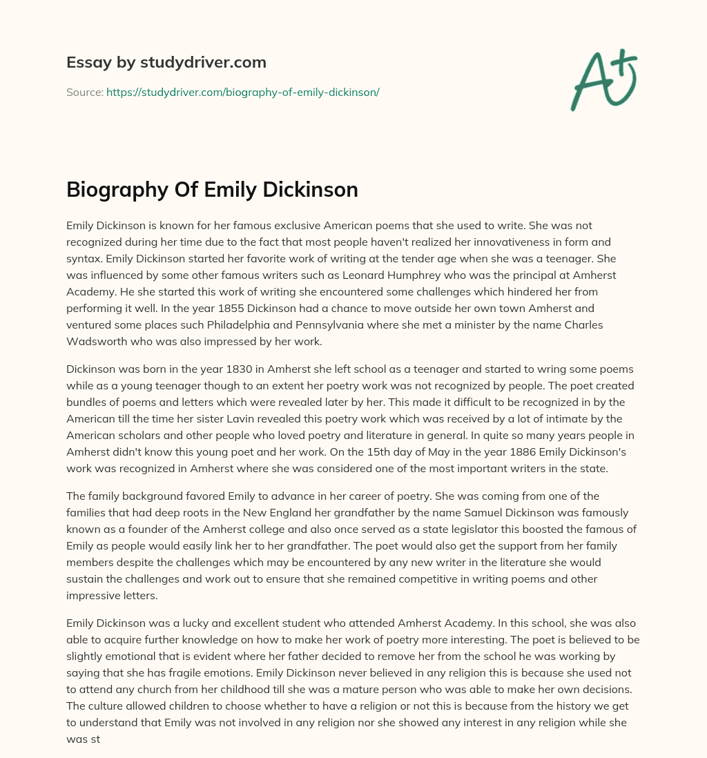 Biography of Emily Dickinson essay