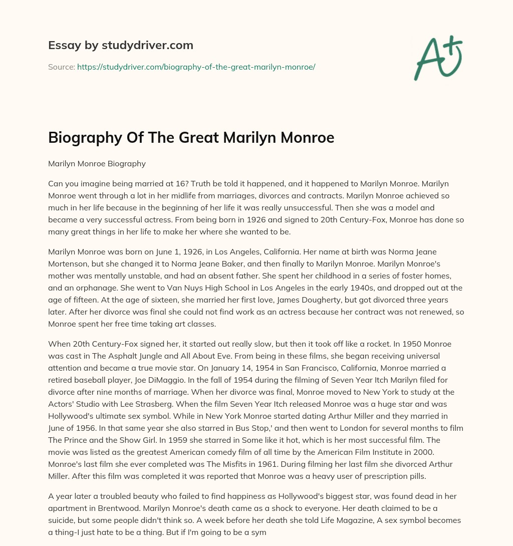 Biography of the Great Marilyn Monroe essay