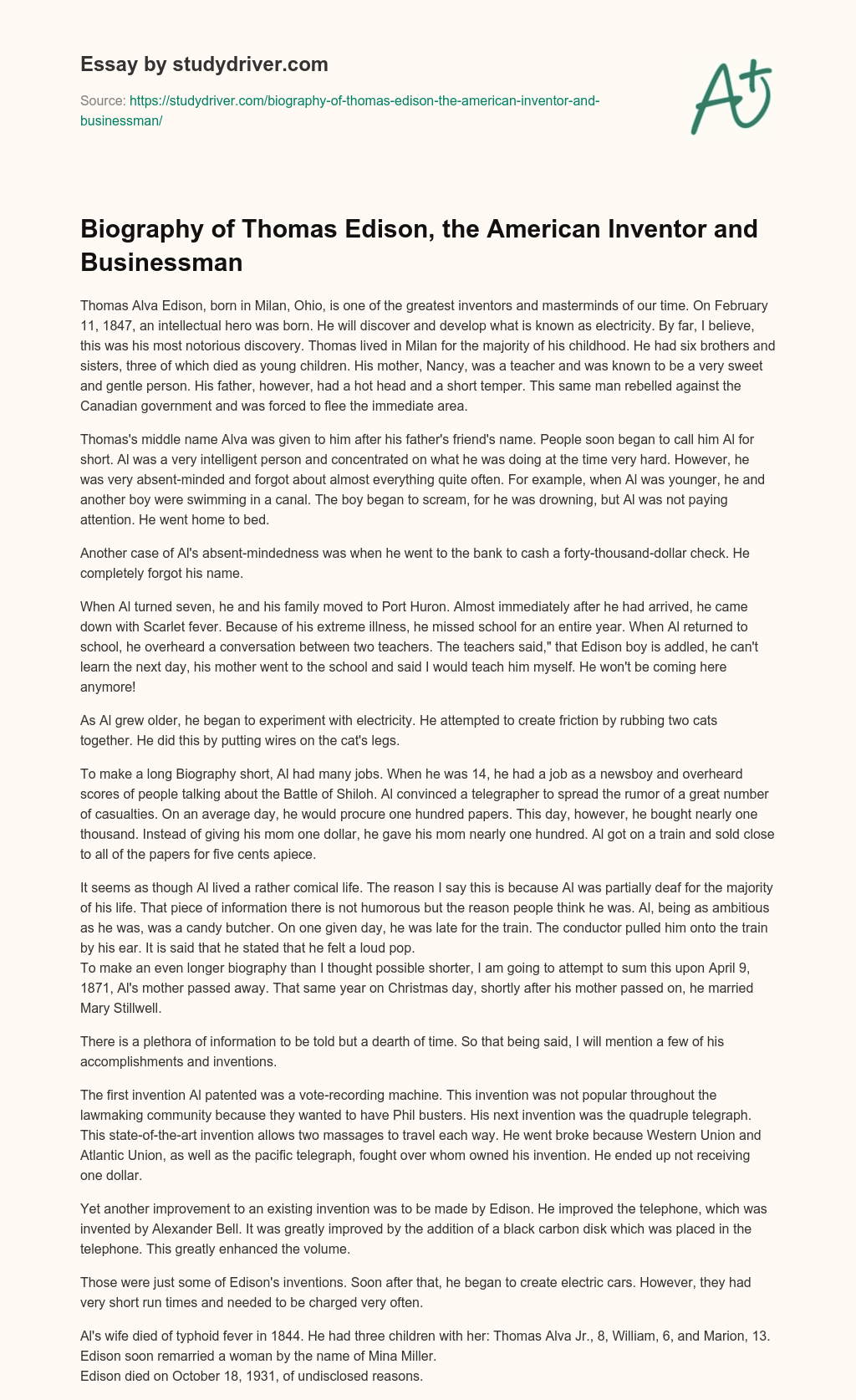 Biography of Thomas Edison, the American Inventor and Businessman essay