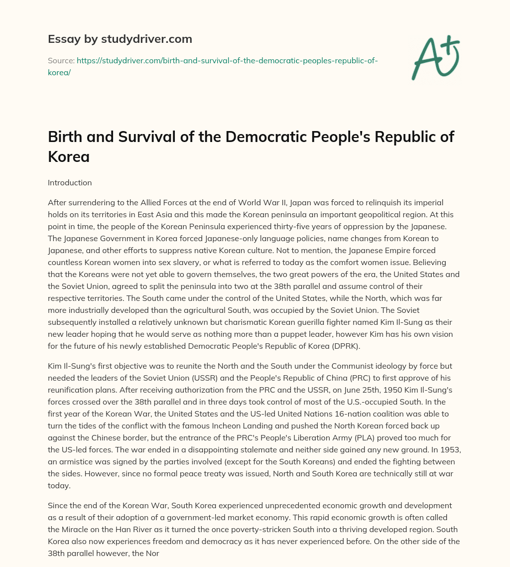 Birth and Survival of the Democratic People’s Republic of Korea essay