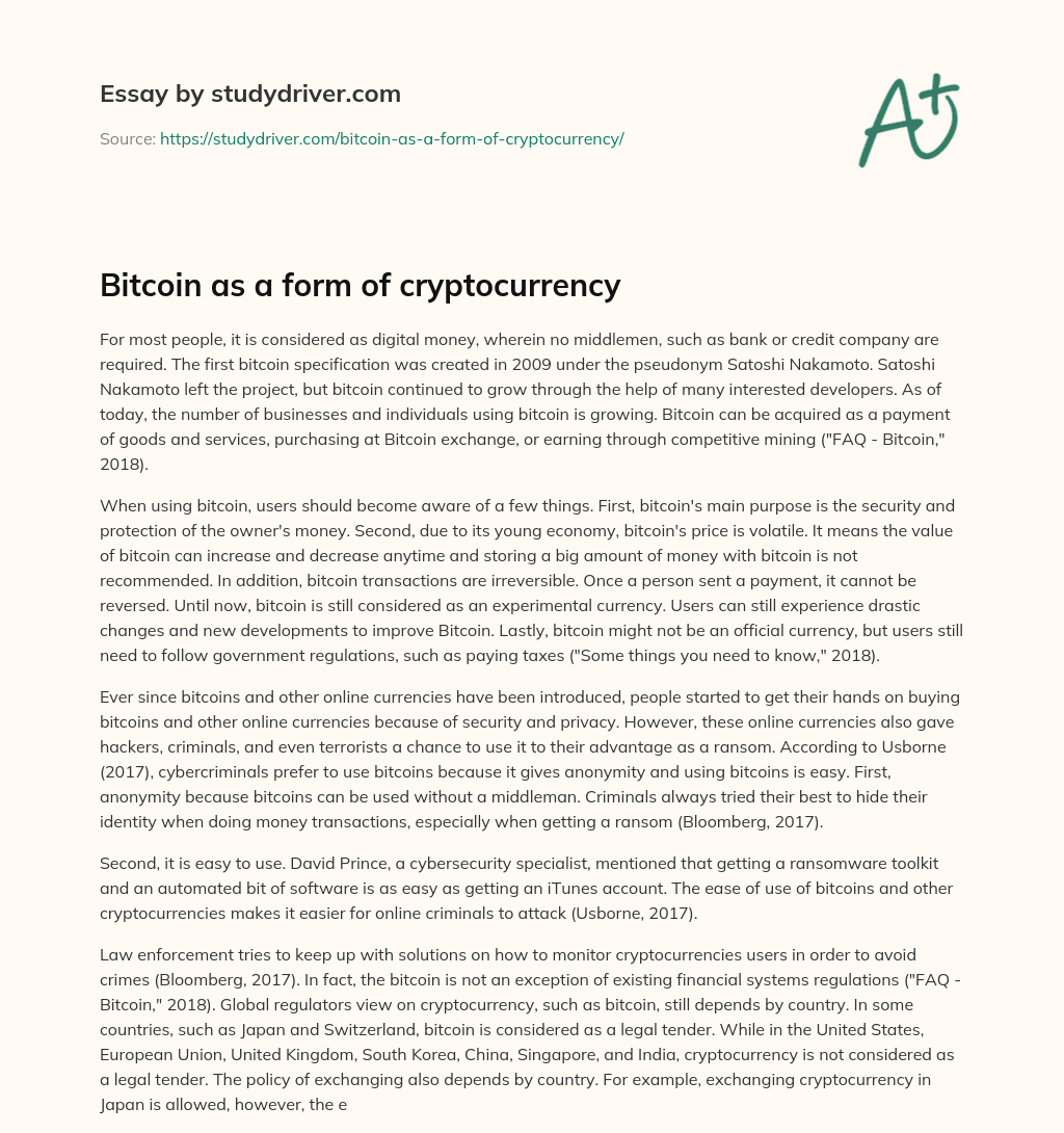 Bitcoin as a Form of Cryptocurrency essay