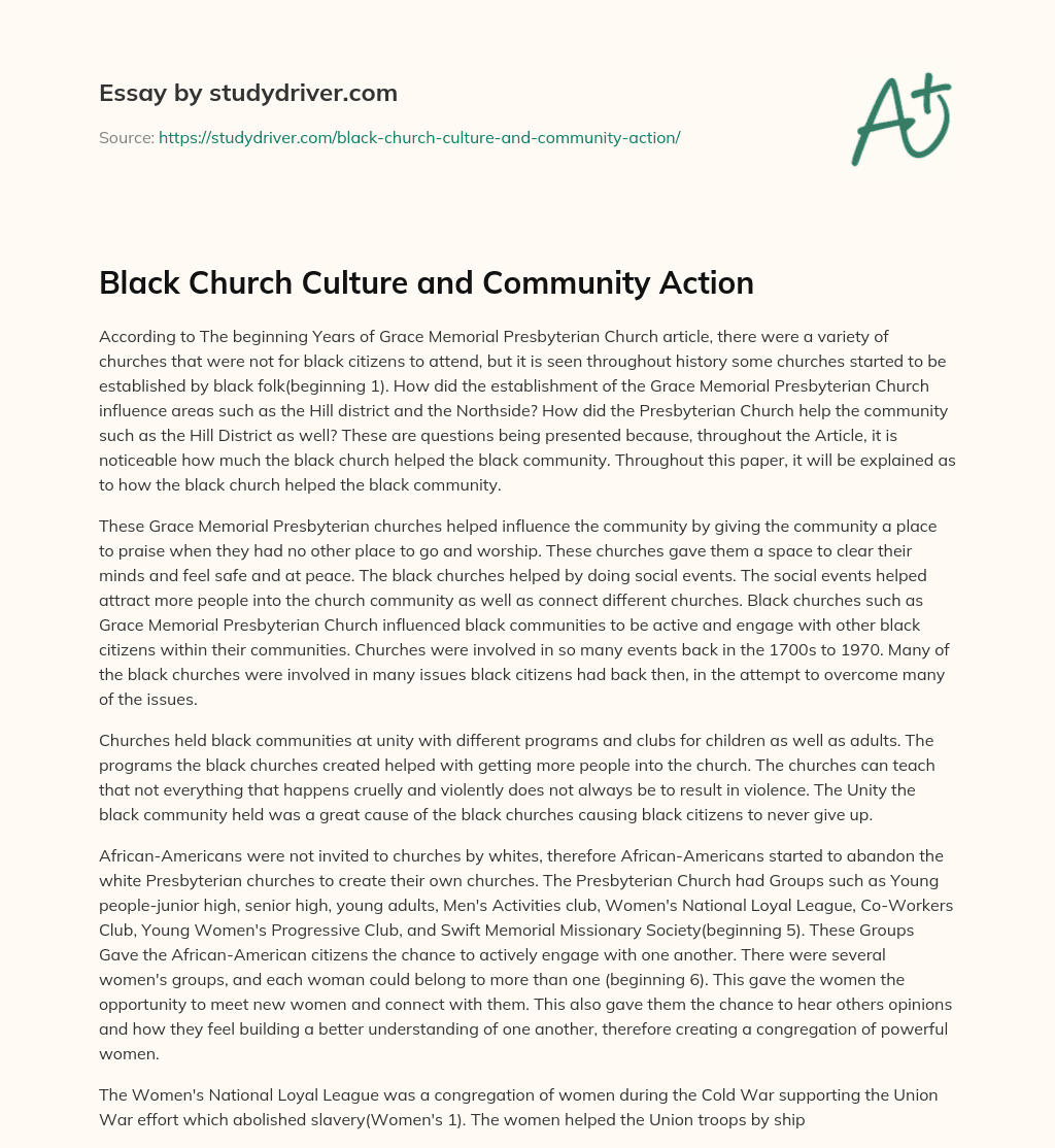 Black Church Culture and Community Action essay