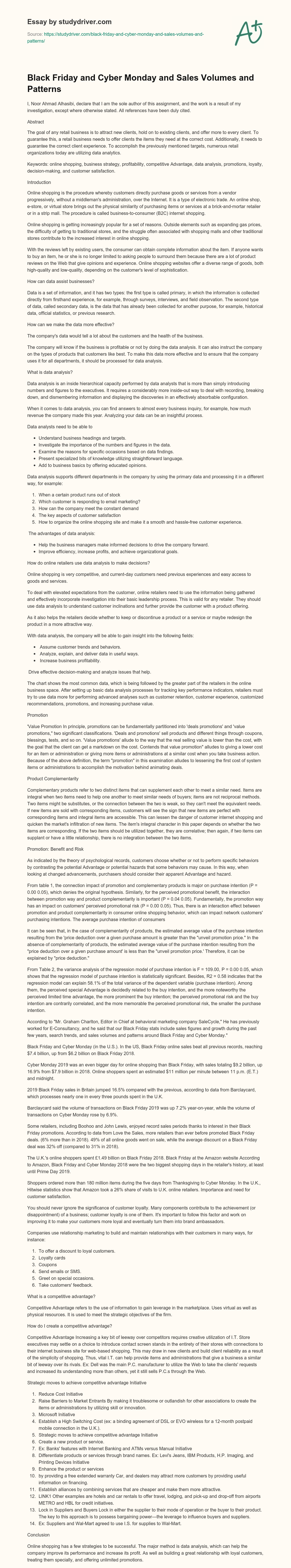 Black Friday and Cyber Monday and Sales Volumes and Patterns essay
