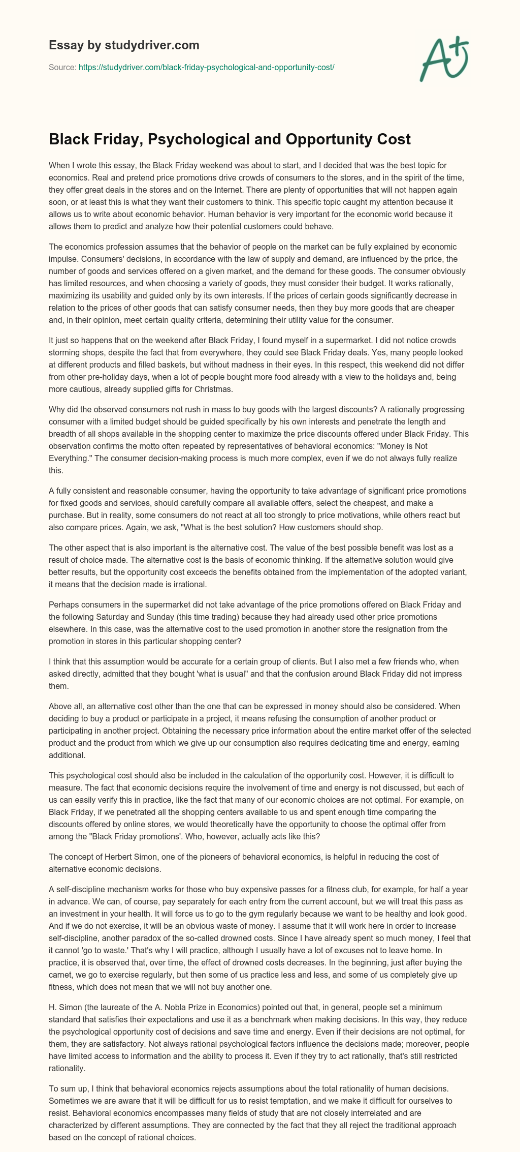 Black Friday, Psychological and Opportunity Cost essay