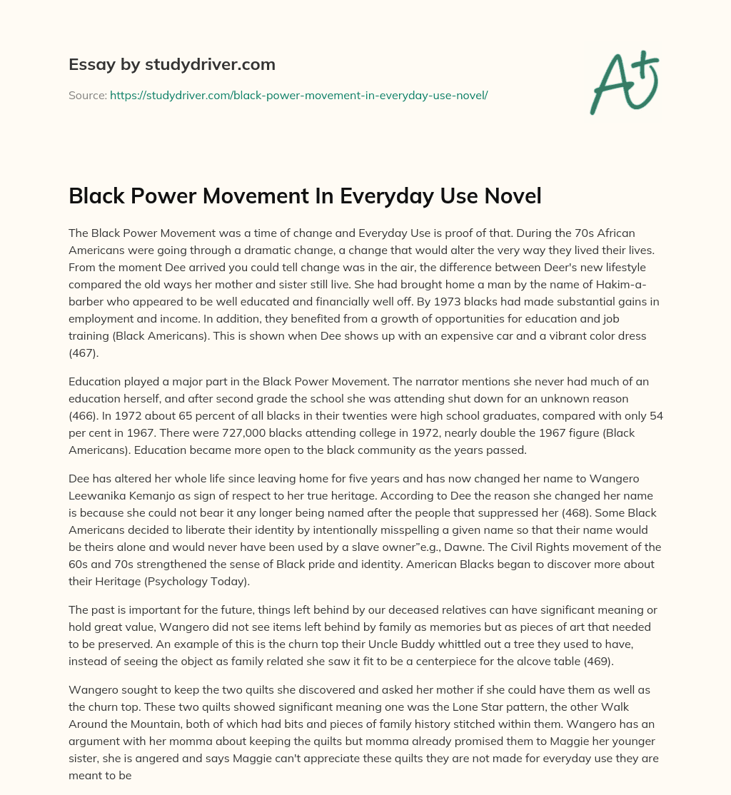 Black Power Movement in Everyday Use Novel essay