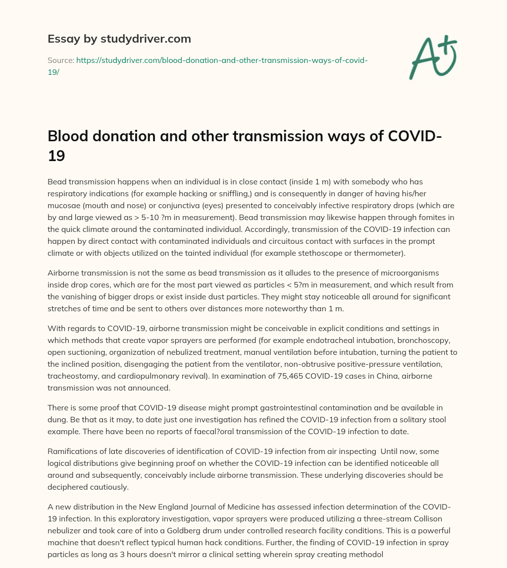 Blood Donation and other Transmission Ways of COVID-19 essay