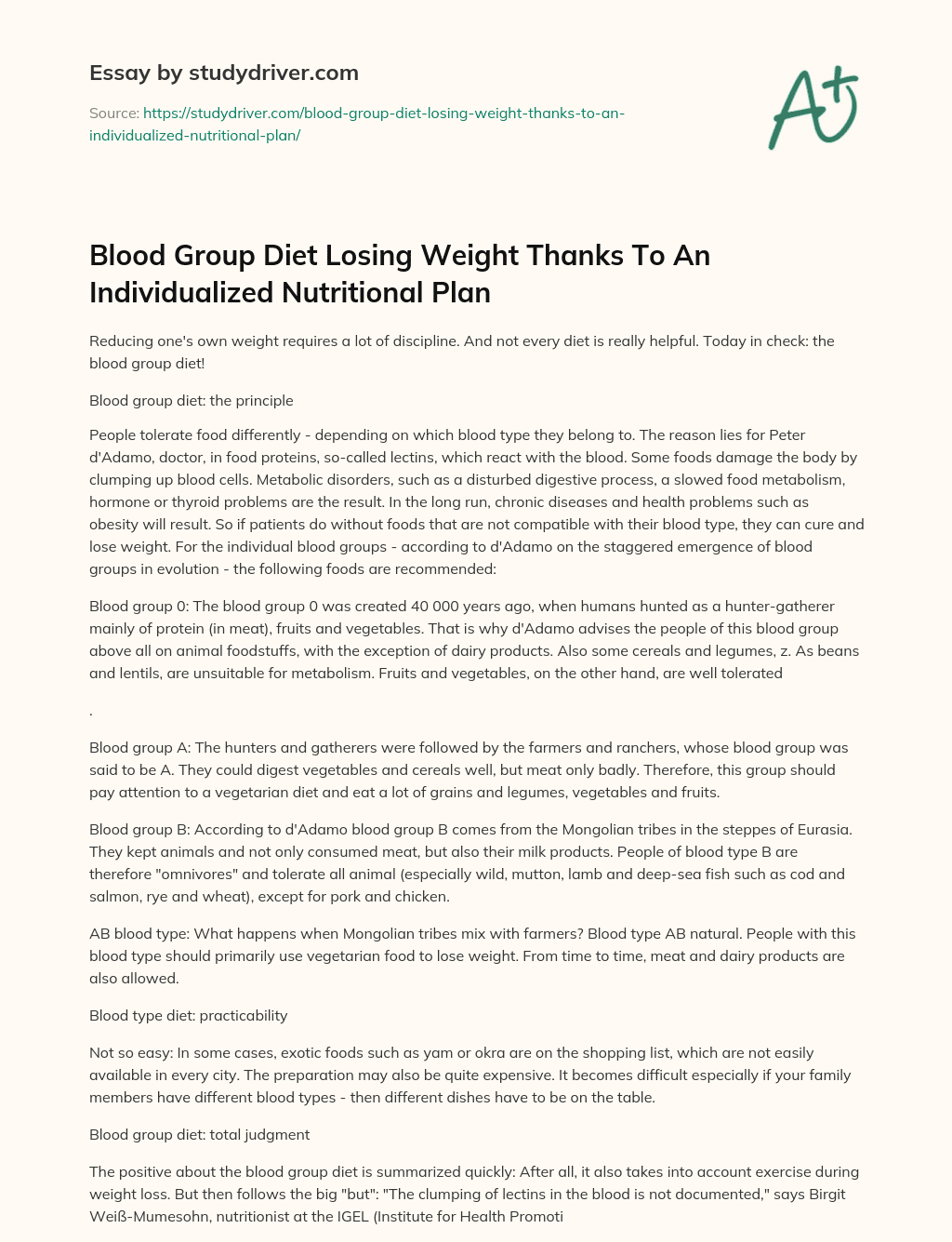 Blood Group Diet Losing Weight Thanks to an Individualized Nutritional Plan essay