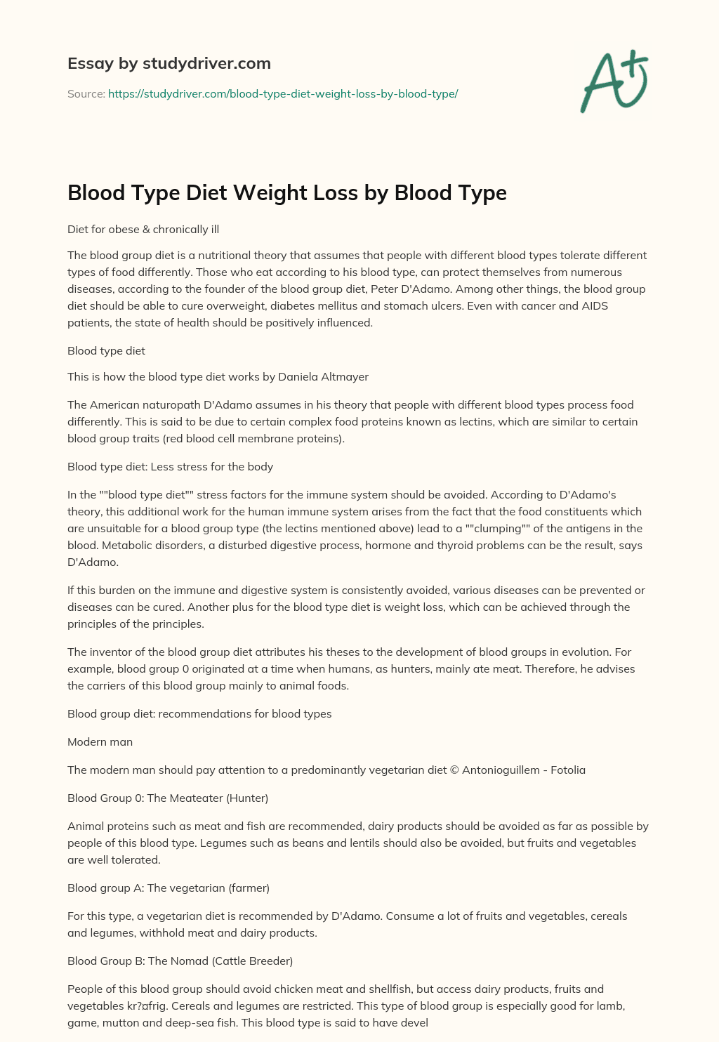 Blood Type Diet Weight Loss by Blood Type essay