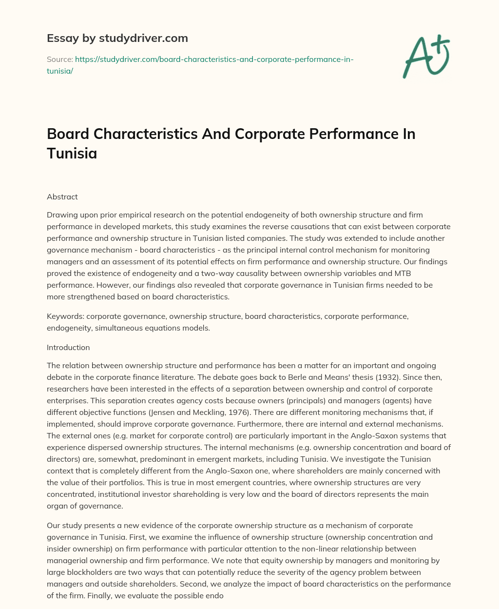 Board Characteristics and Corporate Performance in Tunisia essay