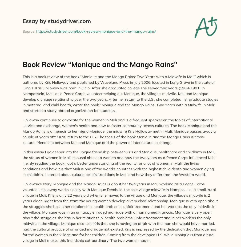Book Review “Monique and the Mango Rains” essay