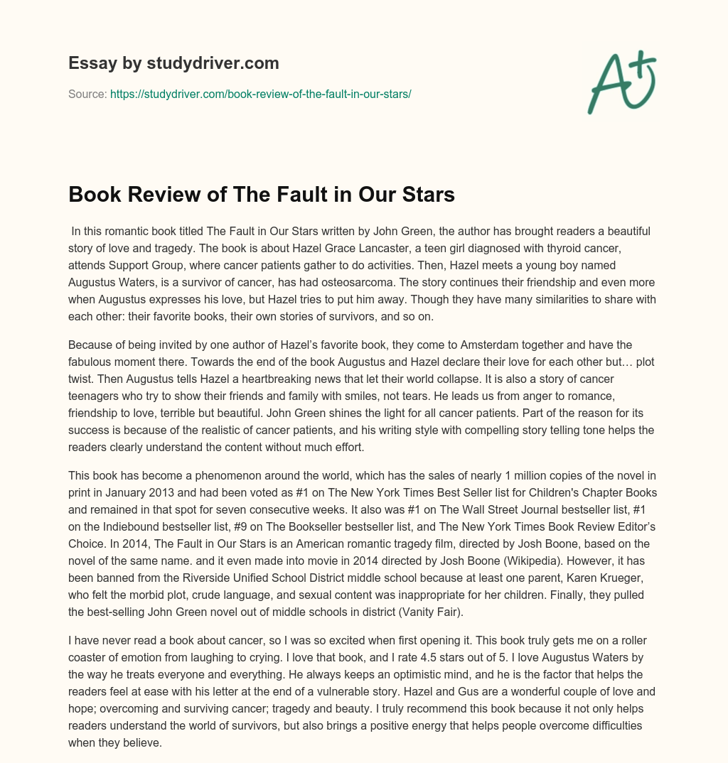 Book Review of the Fault in our Stars essay