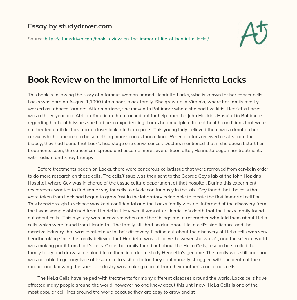 Book Review on the Immortal Life of Henrietta Lacks essay