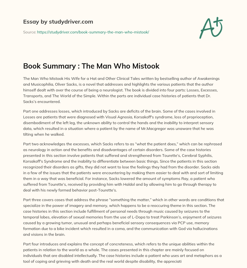 Book Summary : the Man who Mistook essay