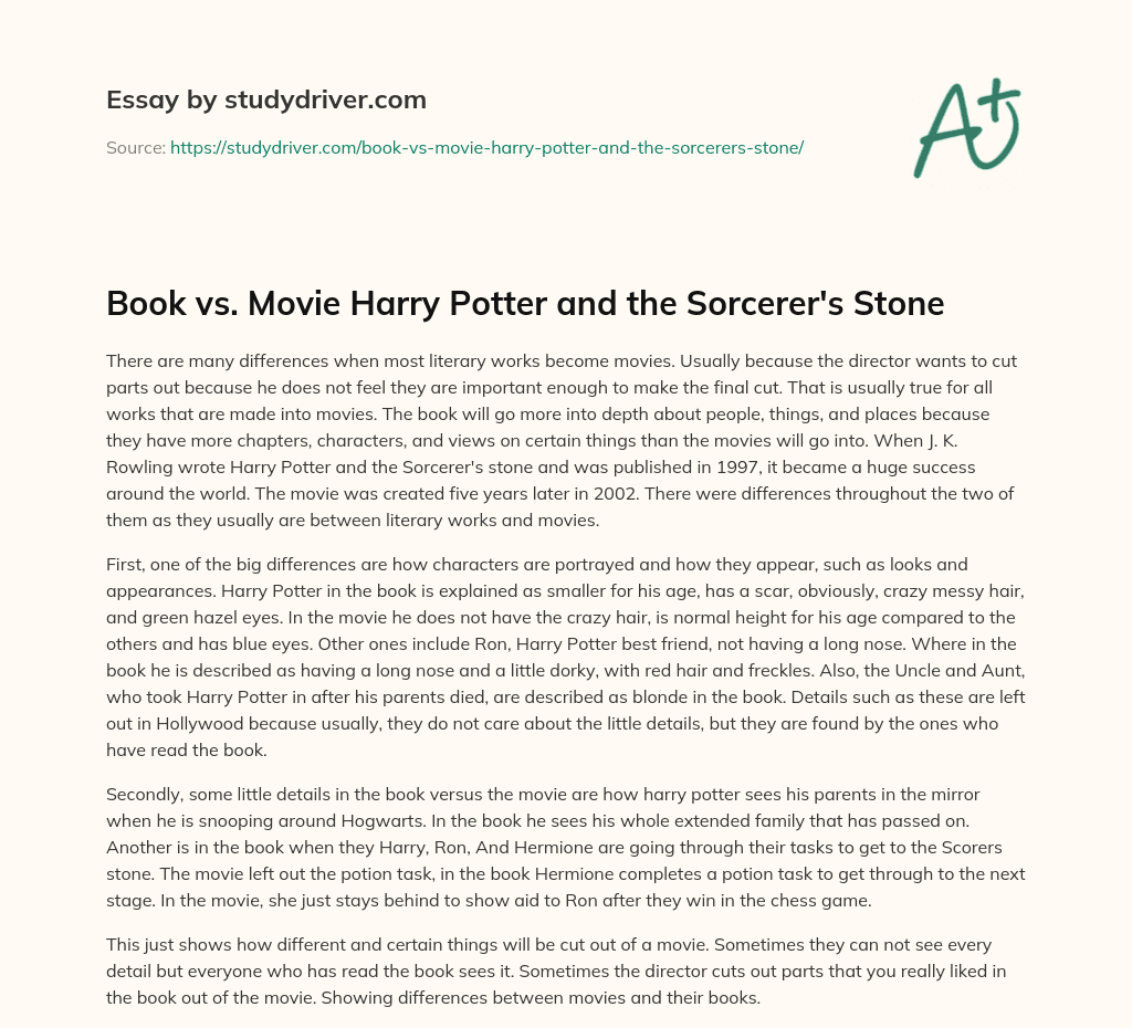 Book Vs. Movie Harry Potter and the Sorcerer’s Stone essay