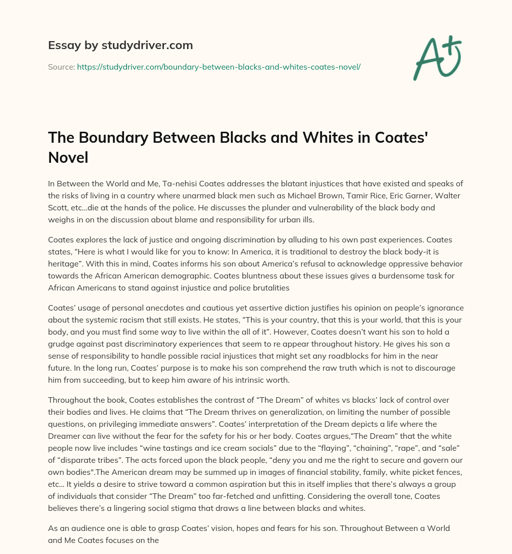 The Boundary between Blacks and Whites in Coates’ Novel essay