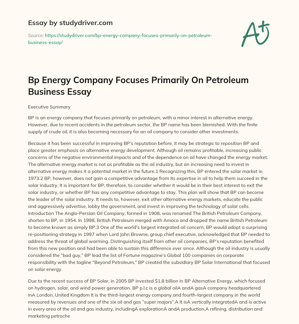Bp Energy Company Focuses Primarily on Petroleum Business Essay essay