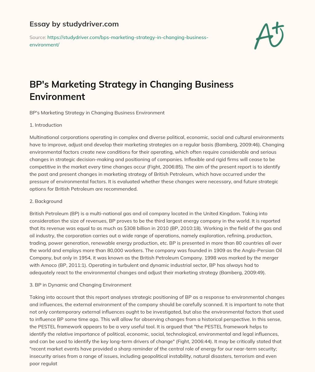 BP’s Marketing Strategy in Changing Business Environment essay