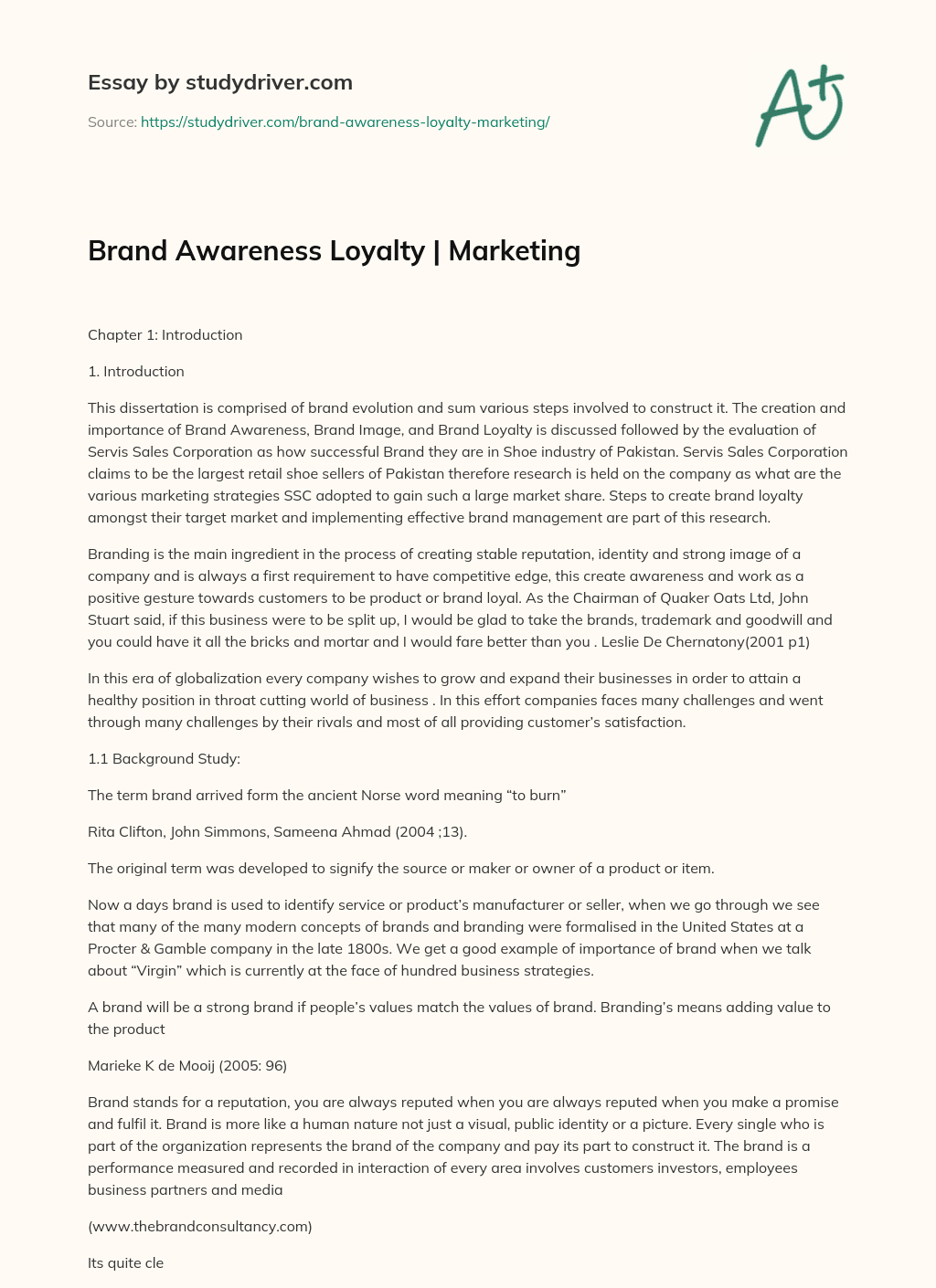 Brand Awareness Loyalty | Marketing essay
