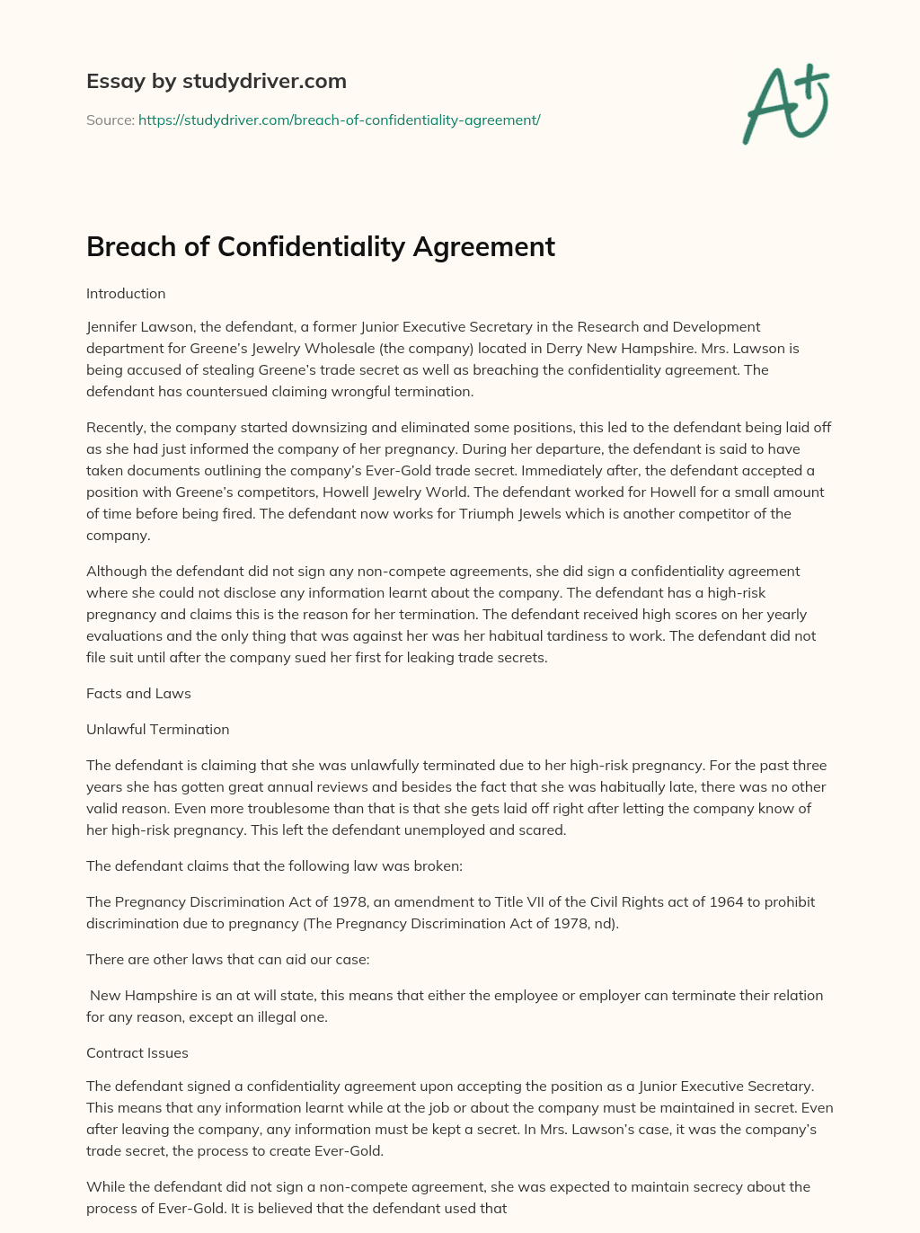 Breach of Confidentiality Agreement essay