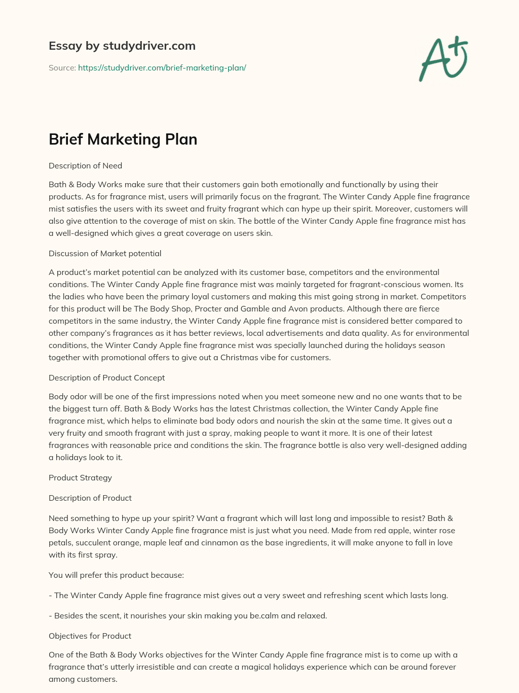 Brief Marketing Plan essay