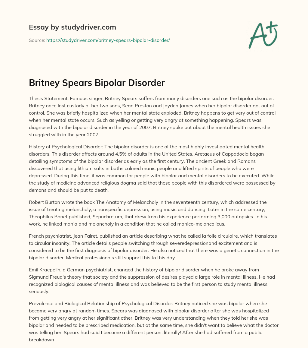 Britney Spears Bipolar Disorder essay