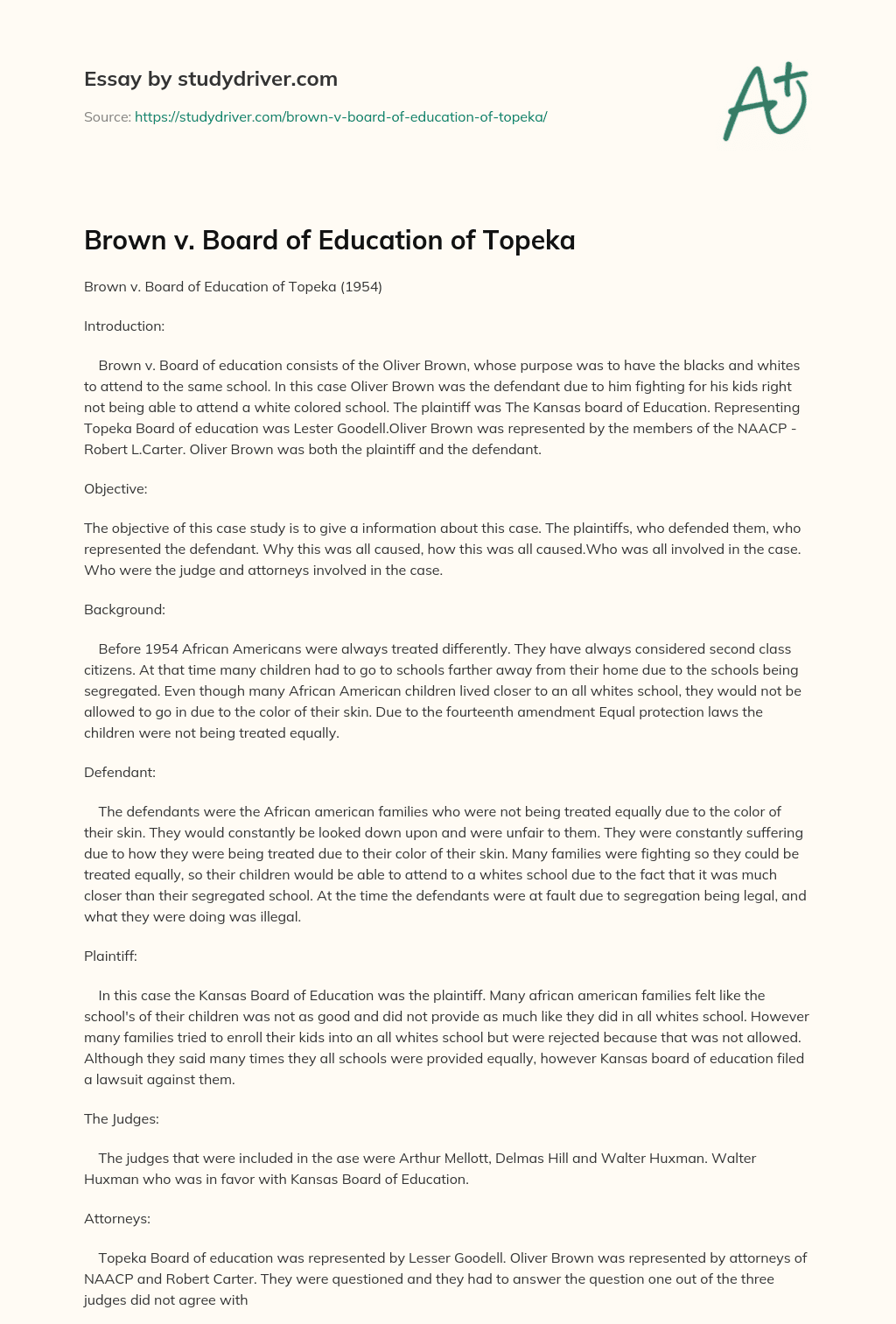 Brown V. Board of Education of Topeka essay