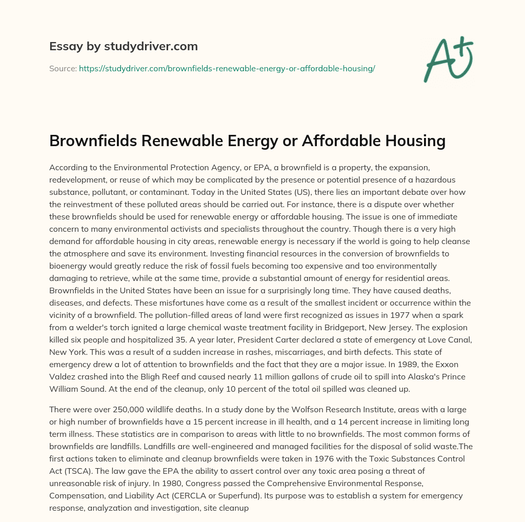 Brownfields Renewable Energy or Affordable Housing essay