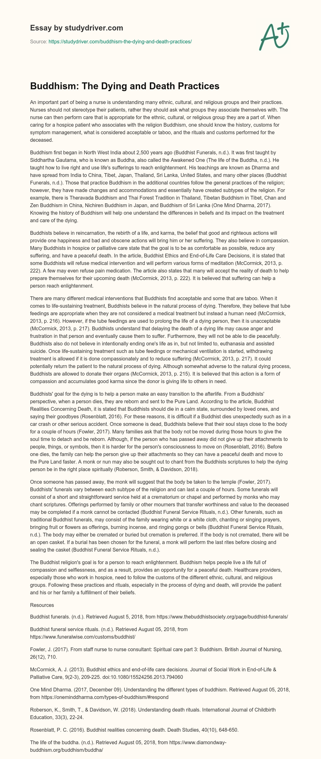 Buddhism: the Dying and Death Practices essay