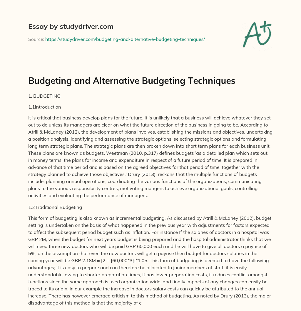 Budgeting and Alternative Budgeting Techniques essay