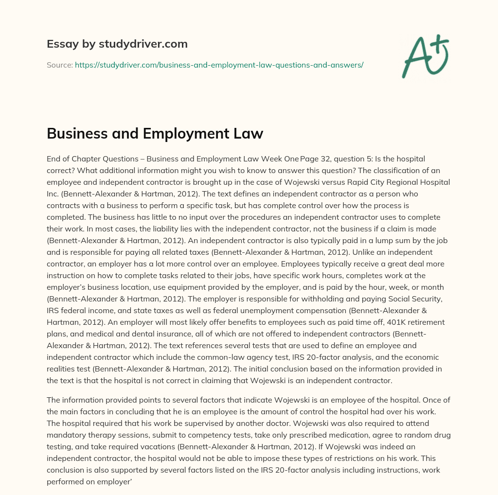 Business and Employment Law essay