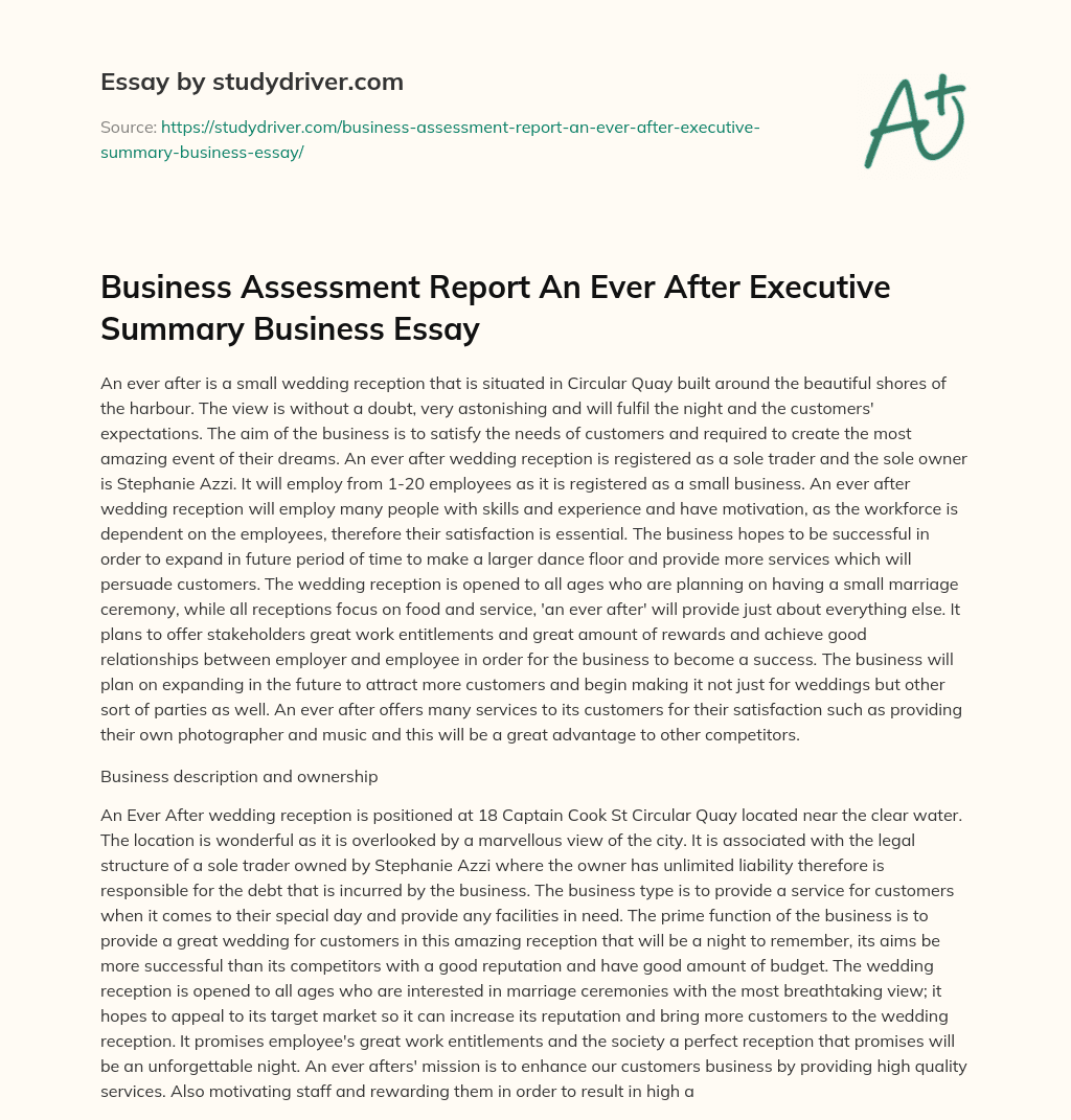 Business Assessment Report an Ever after Executive Summary Business Essay essay