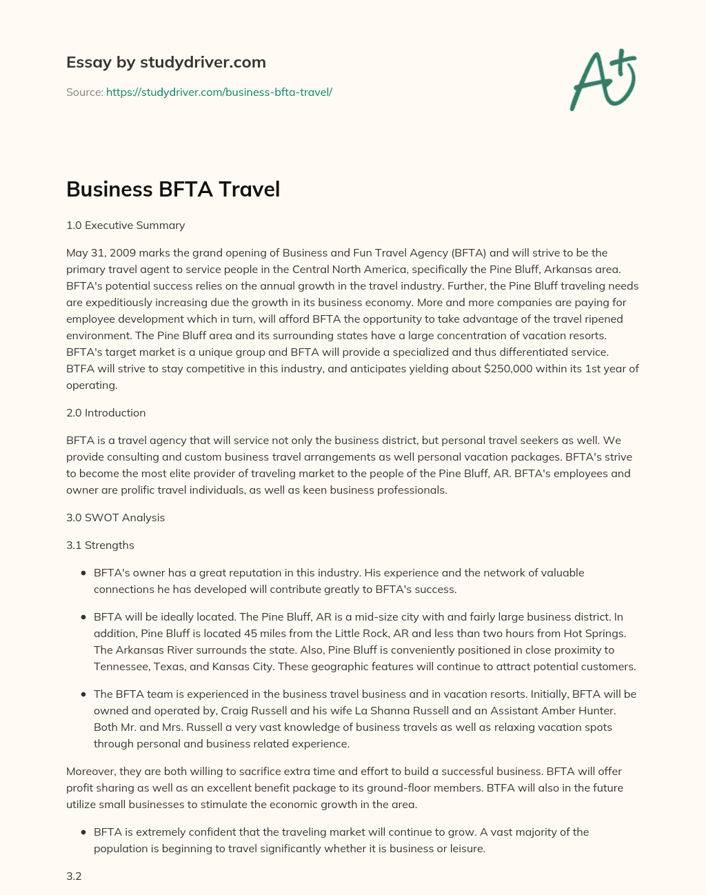 Business BFTA Travel essay