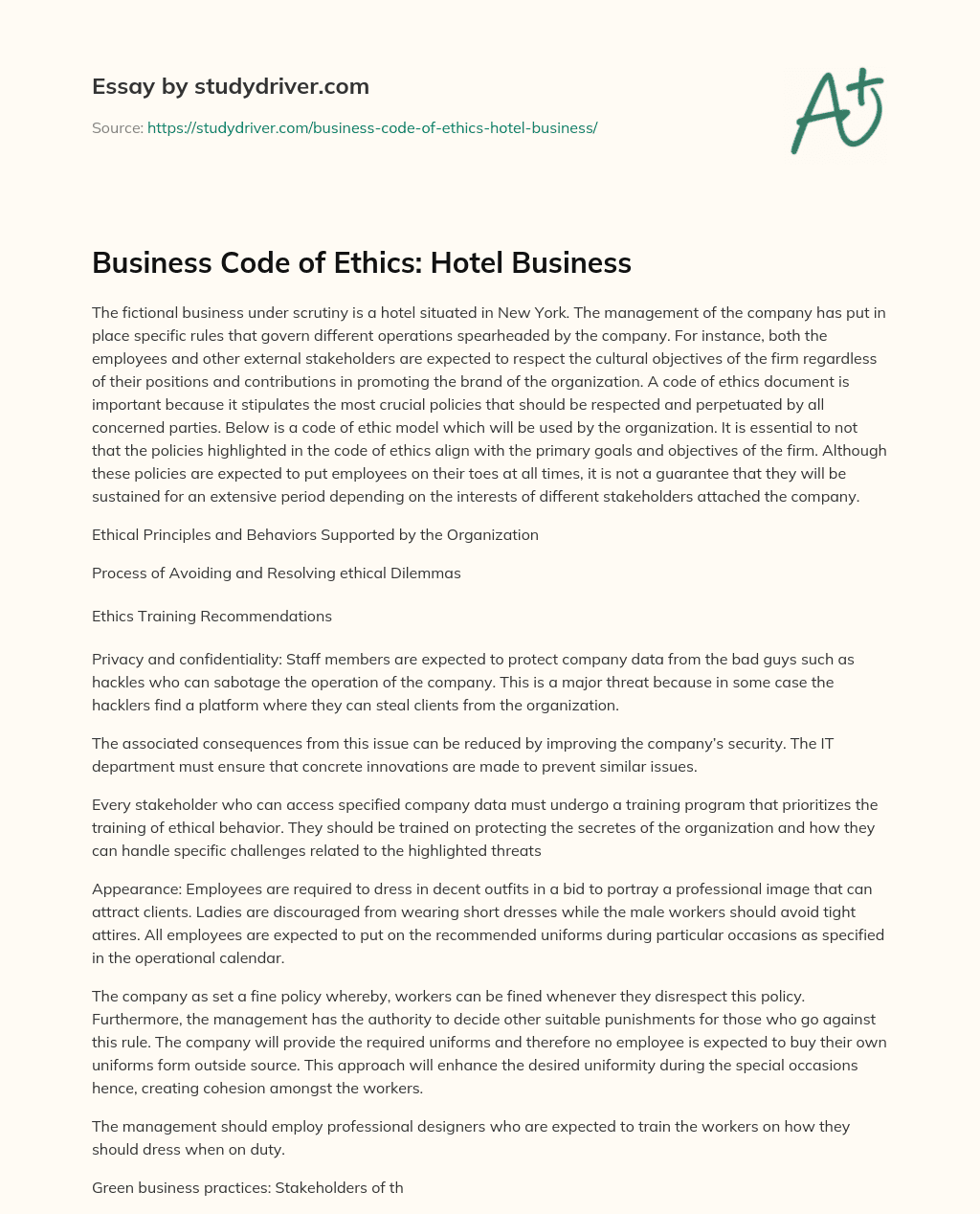 Business Code of Ethics: Hotel Business essay