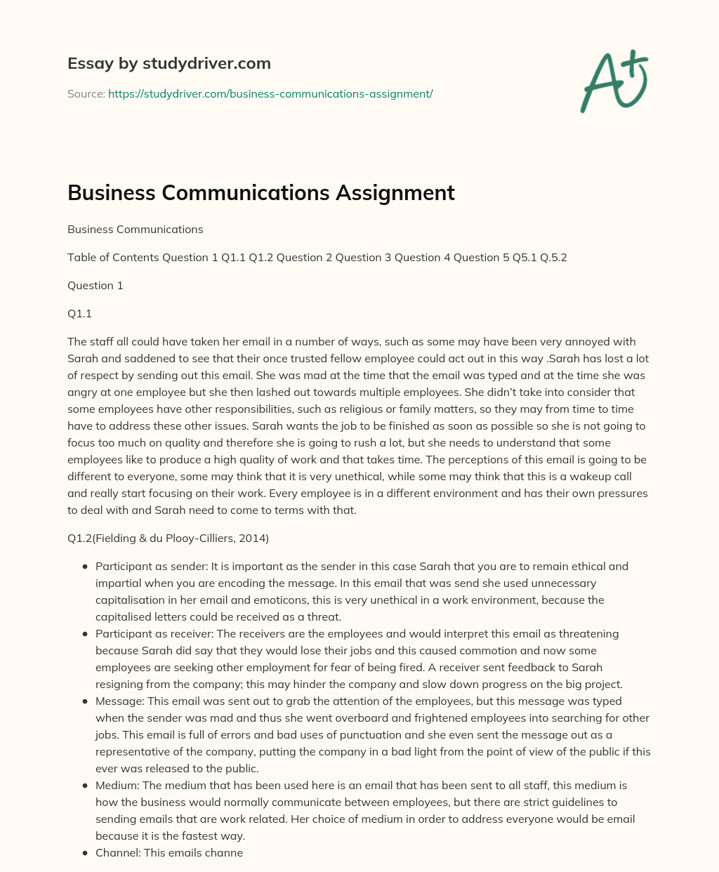 Business Communications Assignment essay