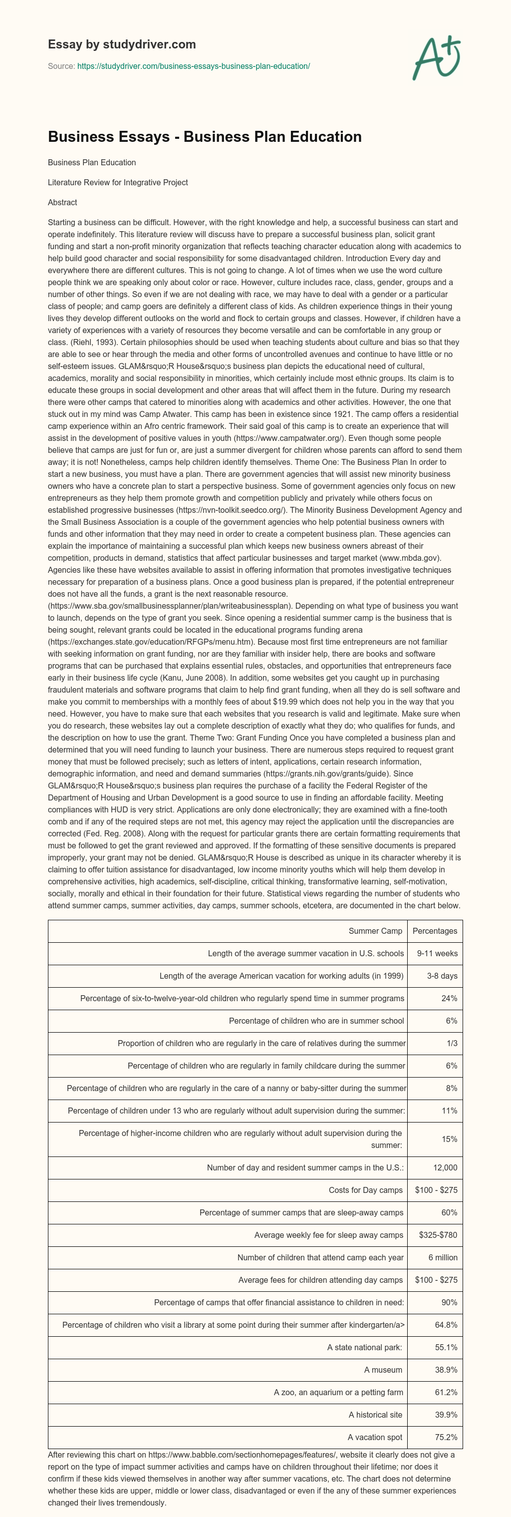 Business Essays – Business Plan Education essay