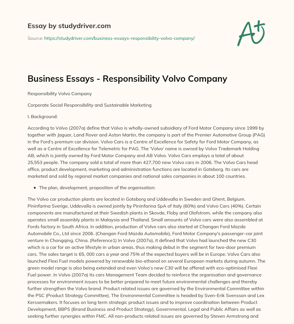 Business Essays – Responsibility Volvo Company essay