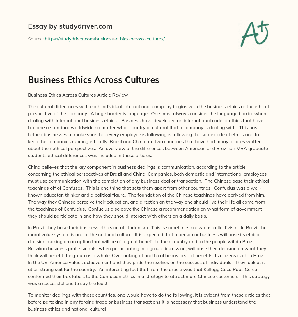 Business Ethics Across Cultures essay