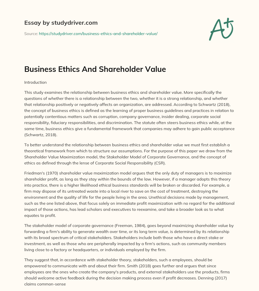 Business Ethics and Shareholder Value essay